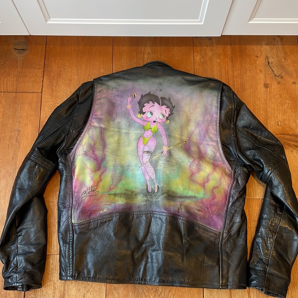 Vintage Betty Boop Leather jacket, black customized biker coat, XXL,hand painted